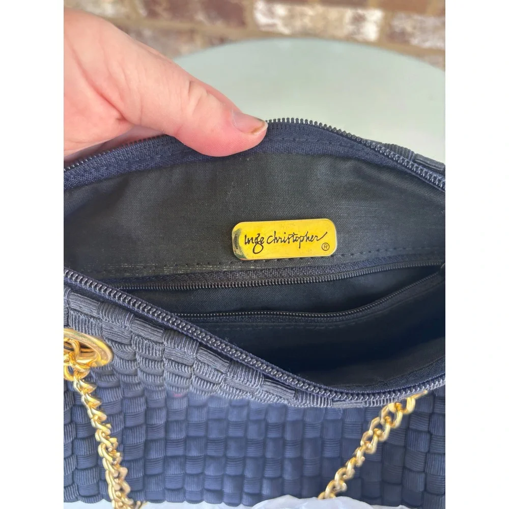 Inge Christopher Navy Blue Woven Ribbon Shoulder Bag Gold Chain Strap
